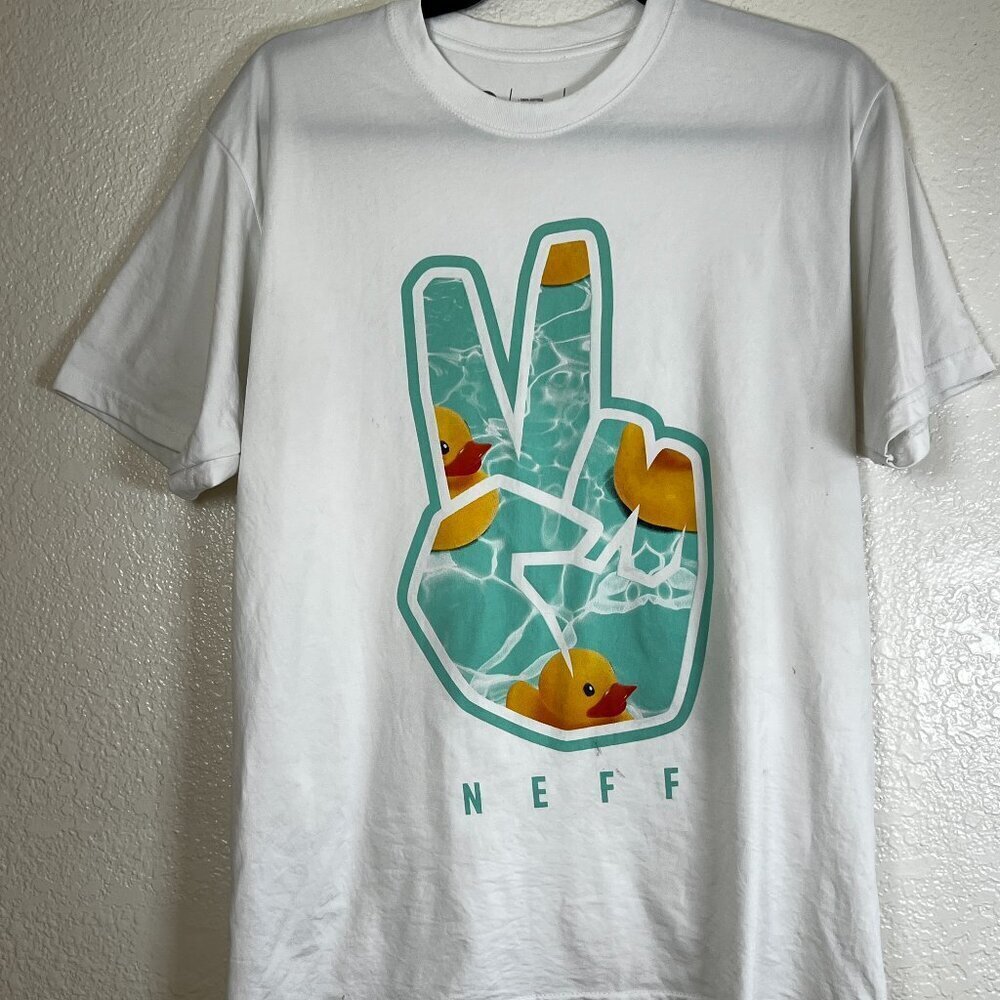 NEFF White Peace Sign T-shirt Rubber Ducky Skater‎ Surf Size Adult Med (READ)